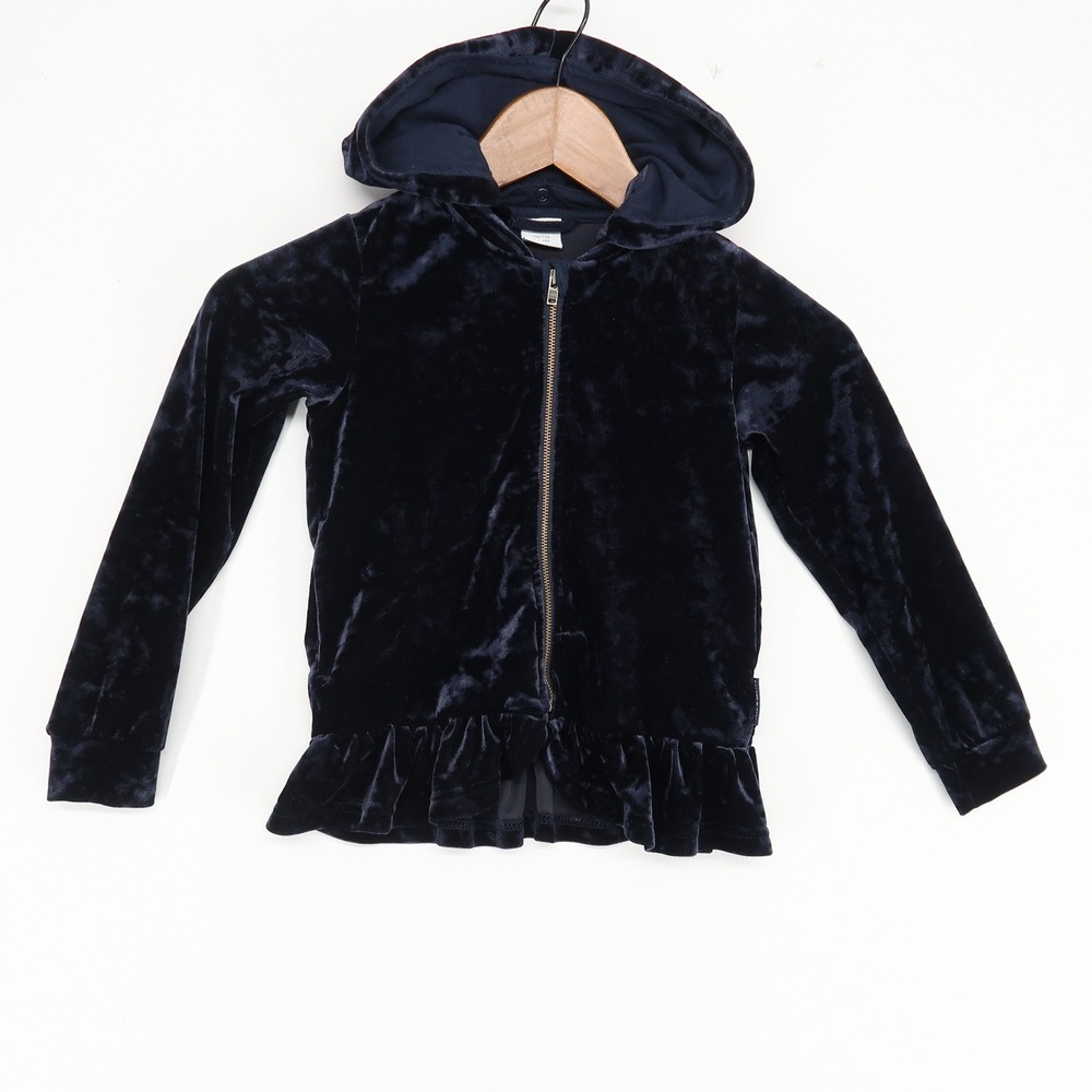 Polarn O. Pyret‎ Velvet Hoodie Swans Navy Blue Ruffle Girls Size 4-6